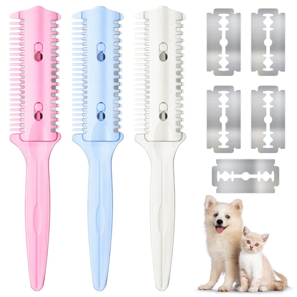 3 Pieces Pet Dog Cat Razor Comb with 15 Pieces Razors Hair Cutter Comb Cutting Scissors Hair Trimmer Comb Grooming Dog Cat Double Edge Razor for Dogs, Pink, Blue, Beige, Black( Sent at Random) - PawsPlanet Australia