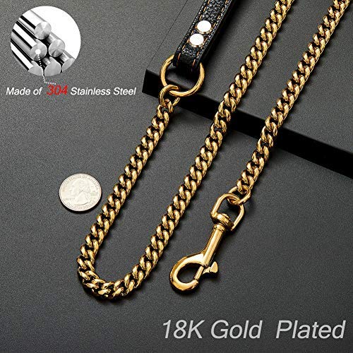 3ft Long Heavy Duty Durable 18k Gold Metal Chain Dog Leash for Large Dogs, Anti-chew Water-Resistant Unbreakable Stainless Steel Cuban Chain Links with Padded Leather Handle Lead Training Leash 24 inch chain length - PawsPlanet Australia