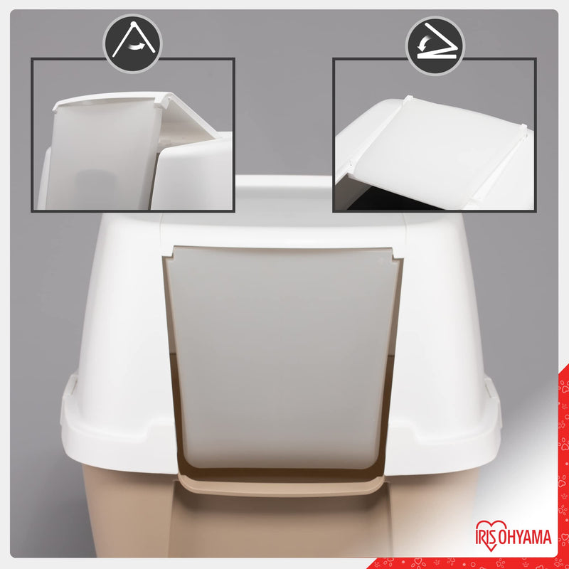 Iris Ohyama, Plastic Litter Box with Scoop, Lid and Folding Door, W53 x D46.5 x H44 cm, Unit, Removable Rim, BPA Free, CLH-17J, For Large Cats, White/Beige - PawsPlanet Australia