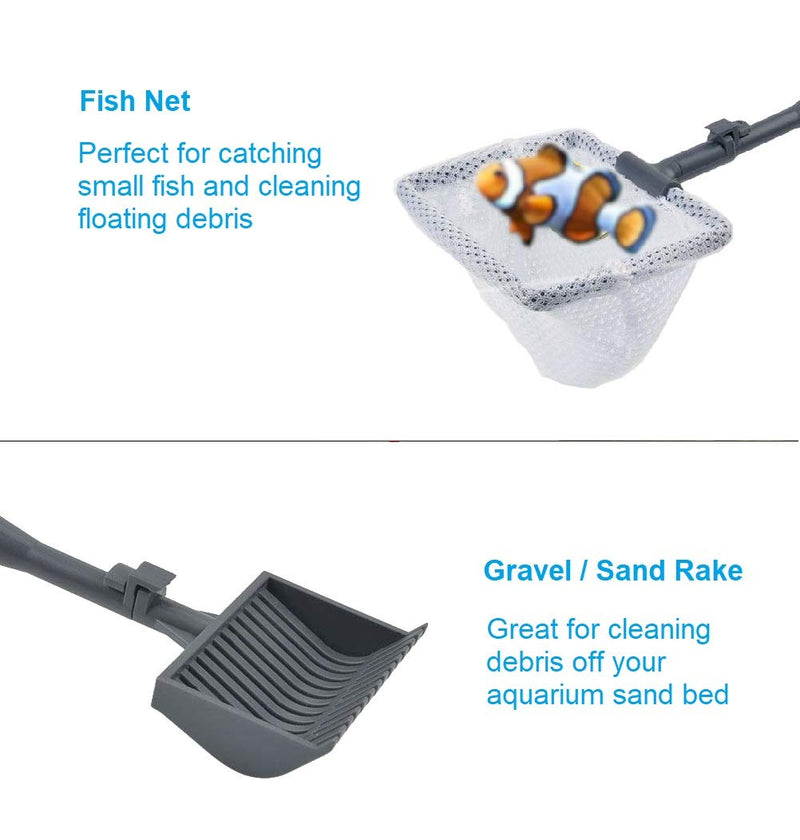 [Australia] - AquaticHI Premium 6 in 1 Aquarium/Fish Tank Premium Cleaning Tool, Algae Brush, Algae Scraper, Fish Net, Flat Sponge, Right Angle Sponge, Gravel Rake for Long Deep Fish Tanks 