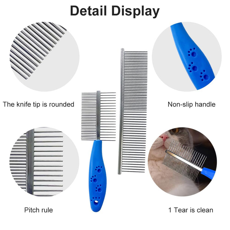 2-Piece Stainless Steel Pet Comb Pet Grooming Comb Rounded Teeth Dog Comb Pet Steel Comb Metal Grooming Comb, with Tangled Short and Long Hair (as shown) as shown - PawsPlanet Australia