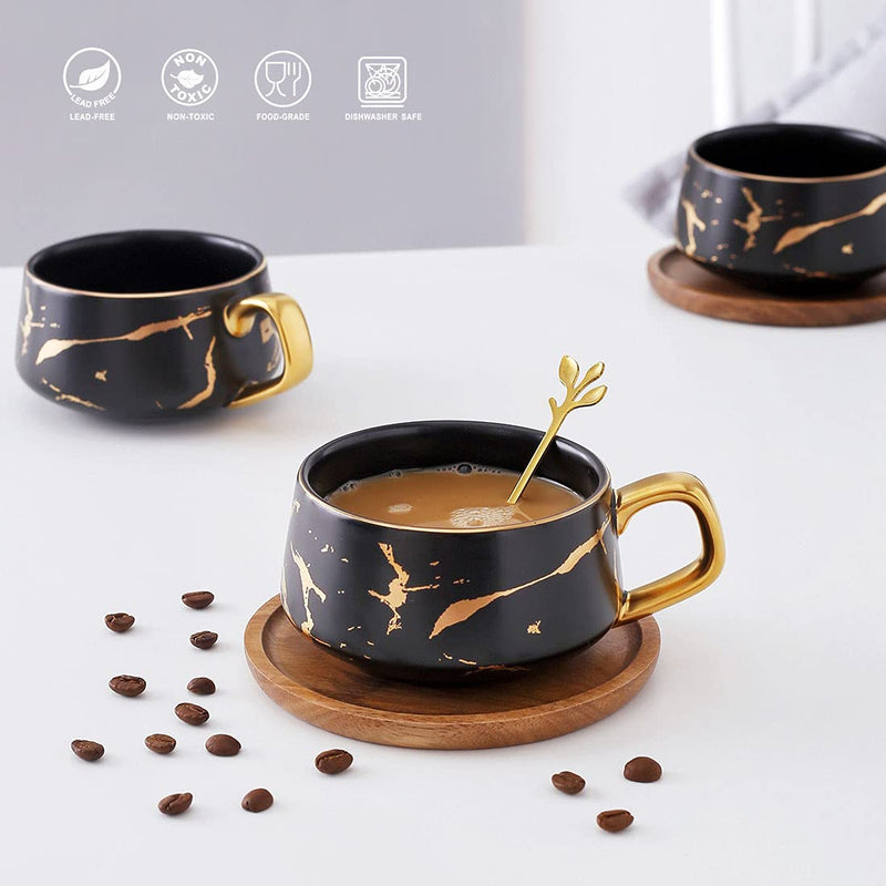 Yatsi 10 Oz Matte Ceramic Marble Design Tea Cup Coffee Cup with Wood Saucers(Black,Cup & Saucer) Black - PawsPlanet Australia
