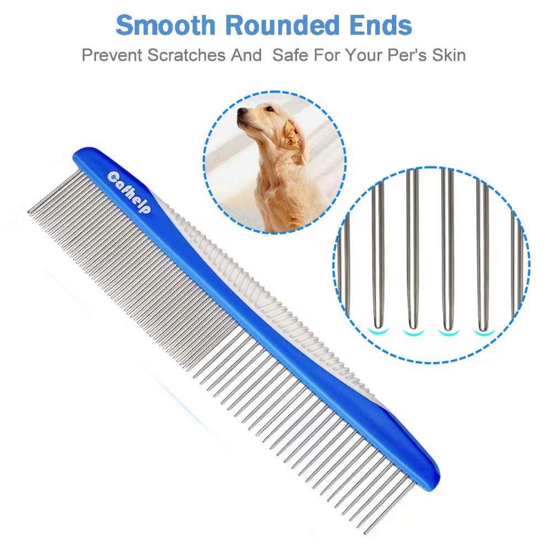 Cafhelp Dog Comb, Cat Comb with Rounded and Smooth Ends Stainless Steel Teeth and Non-Slip Grip Handle, Professional Dog Grooming Tools for Removes Tangles and Knots, Pet Comb for Dogs - PawsPlanet Australia