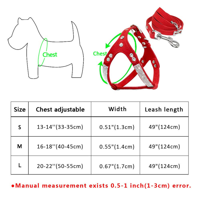 [Australia] - Beirui Soft Suede Rhinestone Leather Dog Harness Leash Set Cat Puppy Sparkly Crystal Vest & 4 ft Lead for Small Medium Cats Pets Chihuahua Poodle Shih Tzu Chest:16-18" Red 