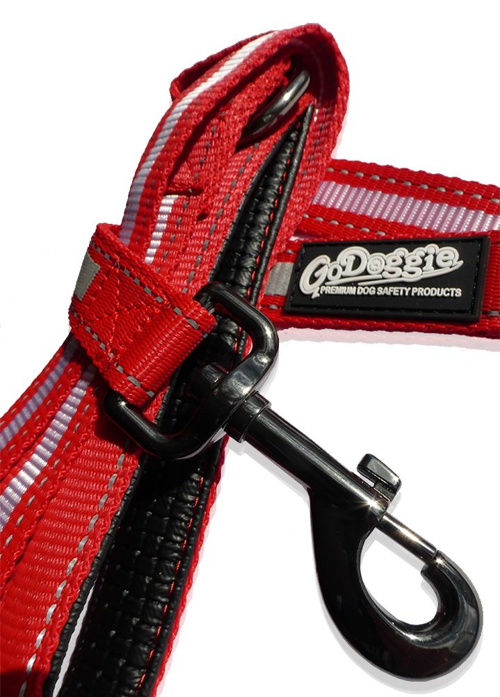 GoDoggie Reflective Dog Lead, Improved Dog Visibility & Safety, Reflective Stitching & Strips, Foam-Padded Comfy Handle, D-Ring, Premium Quality Components, Lifetime Guarantee, RED LARGE - PawsPlanet Australia