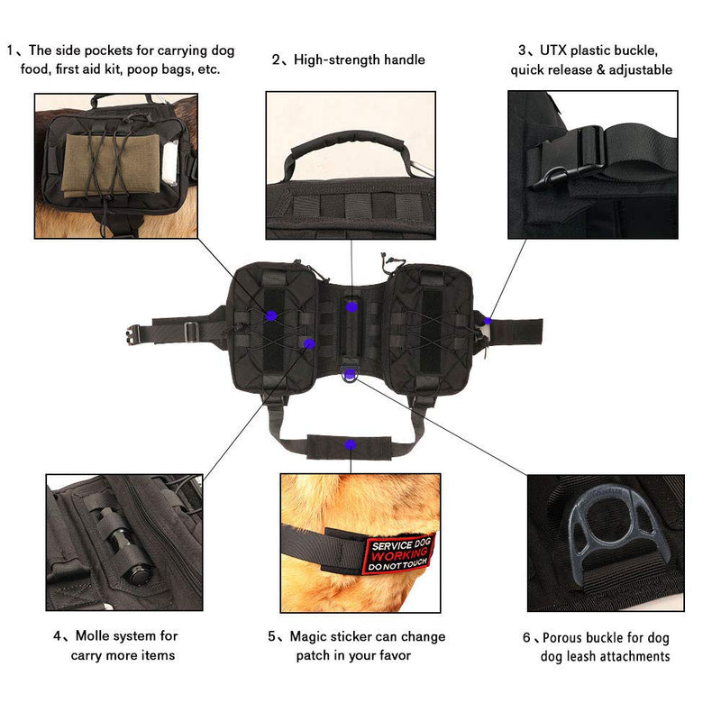 EXCELLENT ELITE SPANKER Tactical Military Dog Saddle Bag Harness Saddlebag Backpack for Medium Large Dogs(Black) Black - PawsPlanet Australia