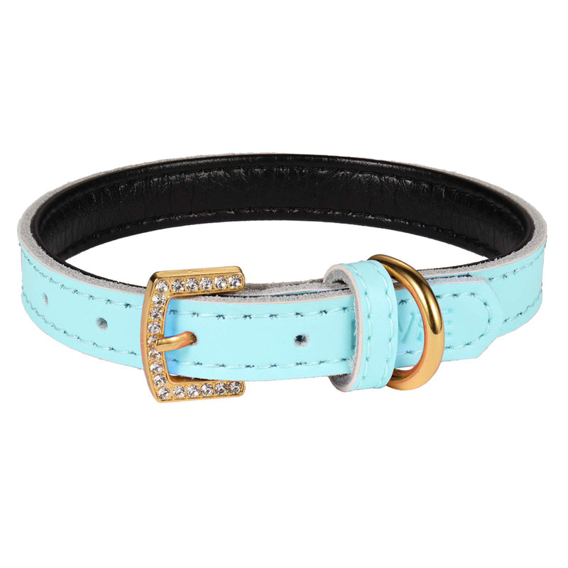 LOVPE Golden Rhinestone Buckle with Comfortable Padded Leather Pet Collars Dog Collar/Cat Collar for Cats Puppy Kitty Small Medium Dogs (XS, Blue) XS - PawsPlanet Australia