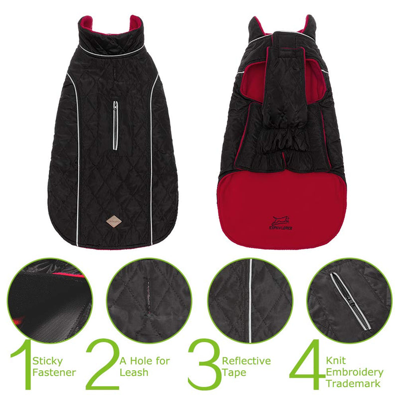 [Australia] - EXPAWLORER Winter Self Warming Dog Down Coat Cozy Waterproof Lightweight Reversible Classic Long Collar Dog Fleece Vest Cold Weather Jacket for Hiking Outdoor Red Black L--(Neck:16”, Chest:24”, Back:20”) 