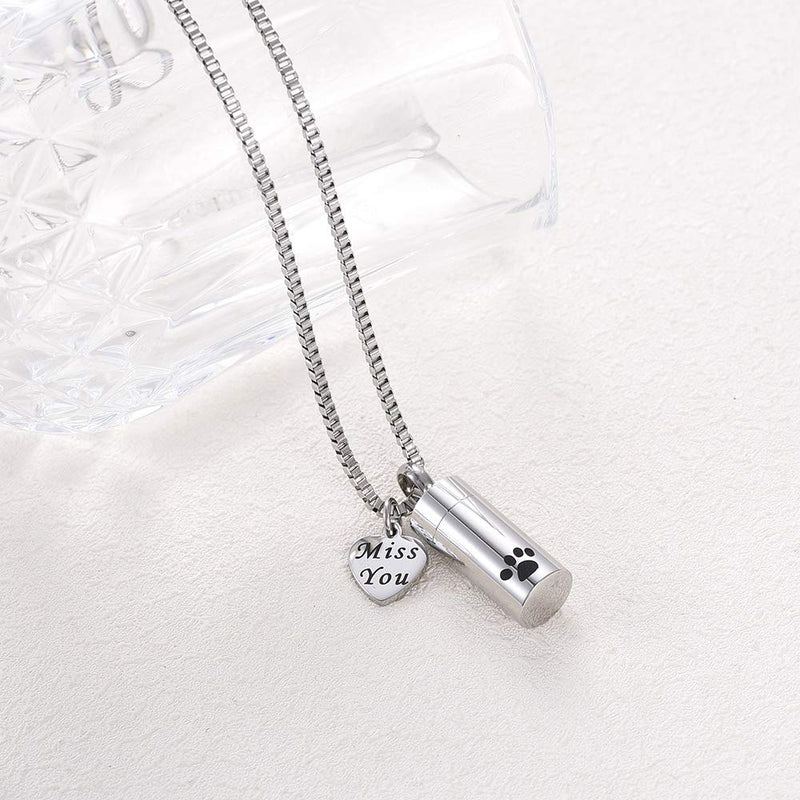 [Australia] - XSMZB Cremation Jewelry for Ashes Pendant Stainless Steel Pet Paw Print Cylinder Keepsake Ash for Dog Cat Memorial Urn Necklaces for Ashes Silver 