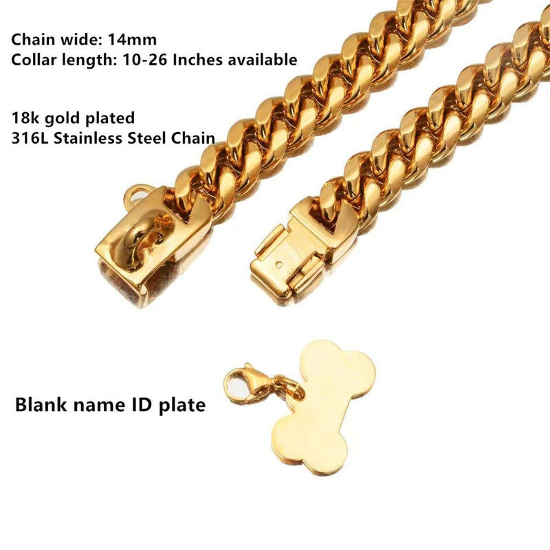 Strong Heavy Duty Chew Proof Gold Chain Dog Collar with Safety Buckle, Stainlesss Steel Plated 18K Gold Metal Cuban Link Chain Walking Training Choke Pendant Necklace, for Small Medium Large Dogs 10" collar suits for 8.5" neck - PawsPlanet Australia