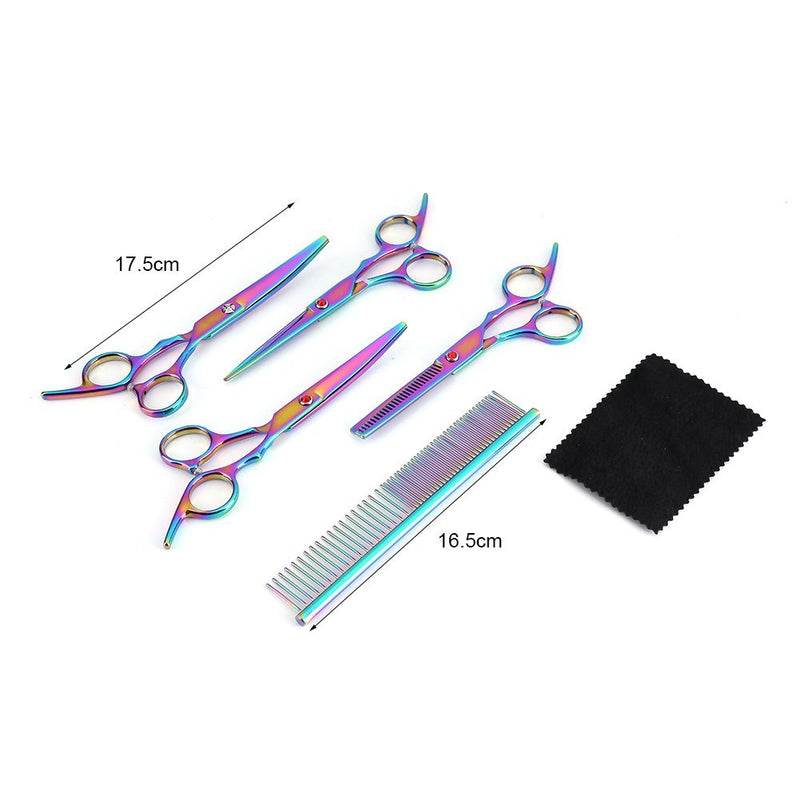 Dog Grooming Scissors Kit, 5 Pack Colorful Stainless Steel Professional Safe & Fast Cut Pet Grooming Scissors Set with Thinning Straight Curved Scissors and Grooming Comb - PawsPlanet Australia
