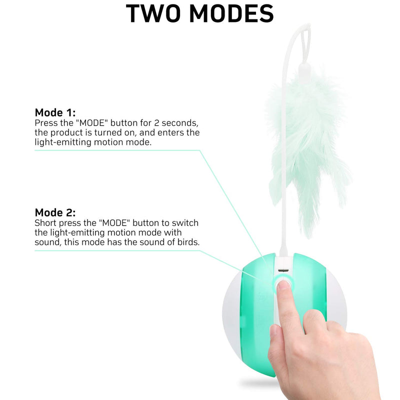 [Australia] - HeiYi Interactive Cat Toys Ball, Automatic Irregular Control USB Charging Cat Toys for Indoor Cats, Smart Robotic Random Rolling 2 Play Modes Cat Toy with 2 Replaced Feather/Led Light/Bird Sounds 