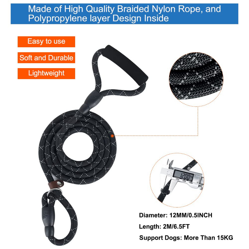 Vivifying Slip Lead Dog Leash, 6.5FT Reflective Durable Rope Dog Leash, No Pull Dog Training Leash with Comfortable Handle for Medium and Large Dogs (Black) - PawsPlanet Australia