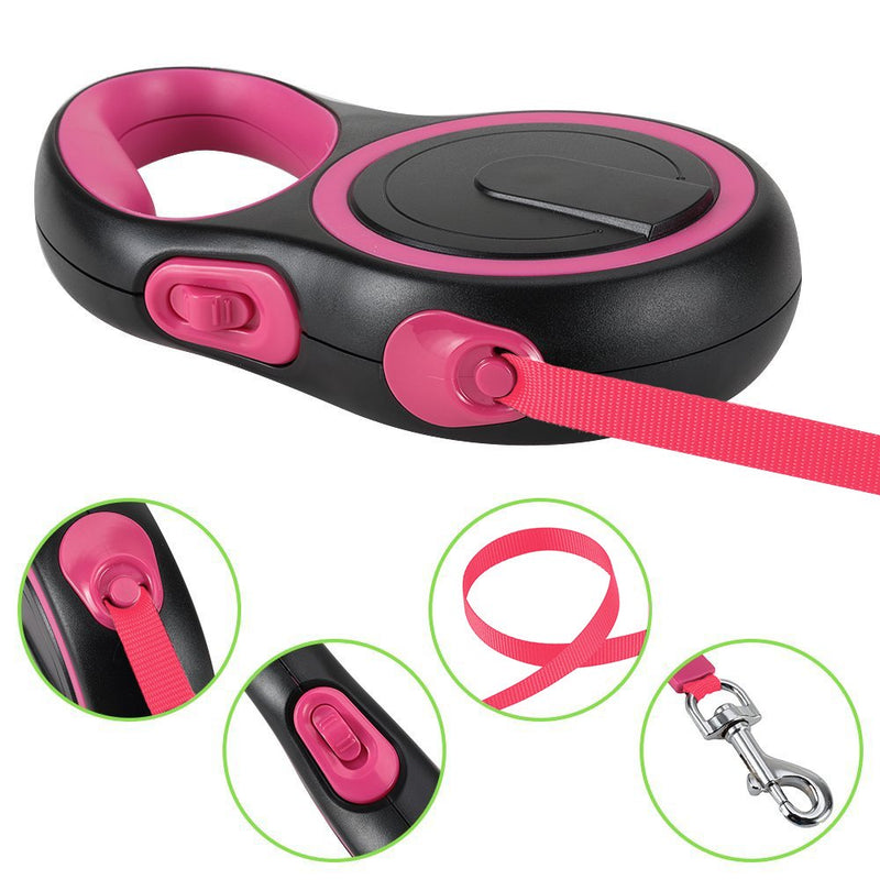 [Australia] - SlowTon Retractable Dog Leash, 16ft Walking Jogging Training Leash Polyester Tape Small Medium Dog up to 44lbs Hand Grip One Button Brake & Lock Black+Pink 