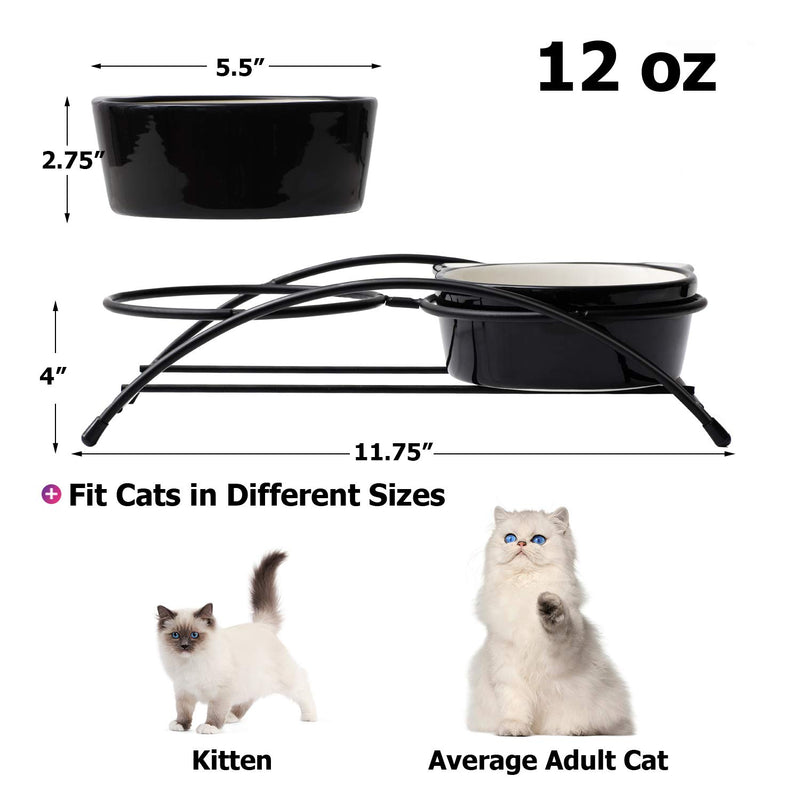 Y YHY Ceramic Cat Food Bowl, Elevated Raised Pet Food and Water Bowls, Double Cat Dishes with Metal Stand, Cute Cat Ear Design, 12oz Black - PawsPlanet Australia