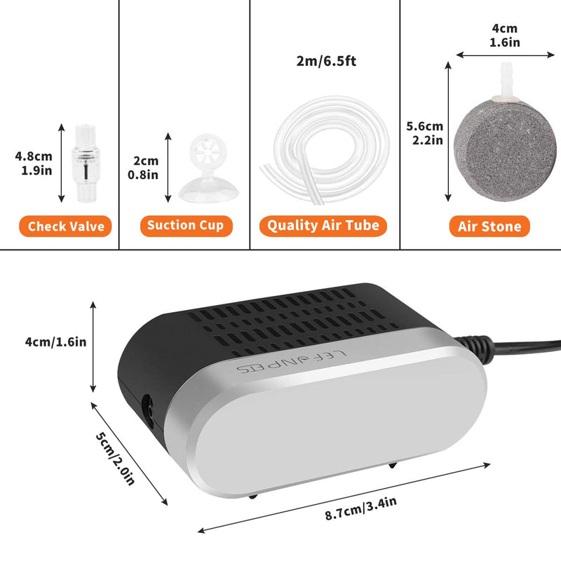 Lefunpets Mini Aquarium Air Pump, Quiet Oxygen Pump 1.7W for 1-20 Gallon Fish Tank, Fish Tank Bubbler with Air Tube, Bubble Stone, Check Valve and Suction Cup - PawsPlanet Australia