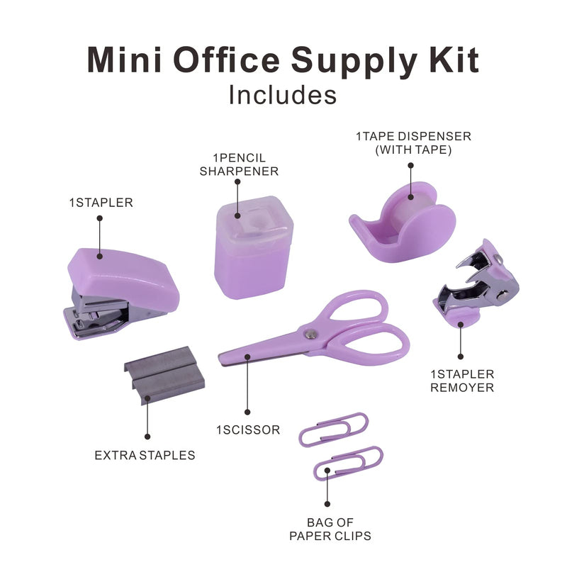 Mini Stapler Kit Office Supplies Kits - Includes Mini Stacker, Scissors, Staple Remover, Staples, Tape Dispenser (Purple) Purple - PawsPlanet Australia