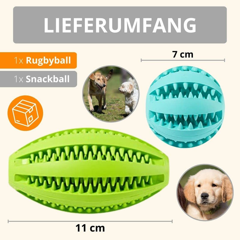AMATHINGS dog toy set double pack snack ball and snack rugby - food toy dog for intelligent play - snack ball dog made of 100% natural rubber - treat toy for dogs ball in orange and egg in blue - PawsPlanet Australia