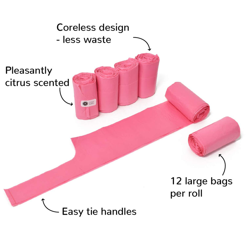[Australia] - Doggie Walk Bags Large Dog Waste Bags on a Roll with Easy Tie Handles, Extra Thick and Strong Poop Bags, 72 Count, Scented, 5.5 x 5.5 x 17 Inches Pink/Scented 