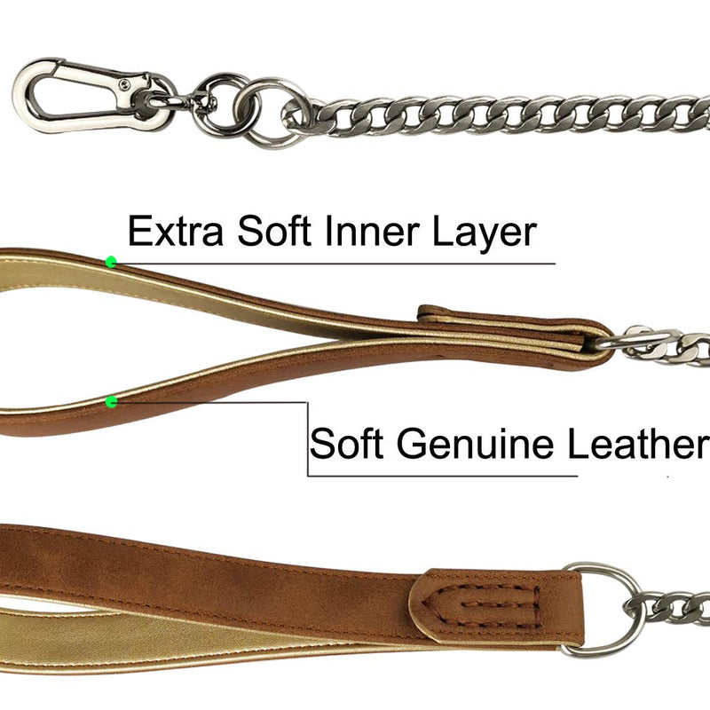 Tineer Heavy Duty Dog Leash Sainless Steel Chain Leash with Leather Handle Durable for Medium Large Dogs Training (S(Length:127cm*Width:1.5cm), Brown) S(Length:127cm*Width:1.5cm) - PawsPlanet Australia