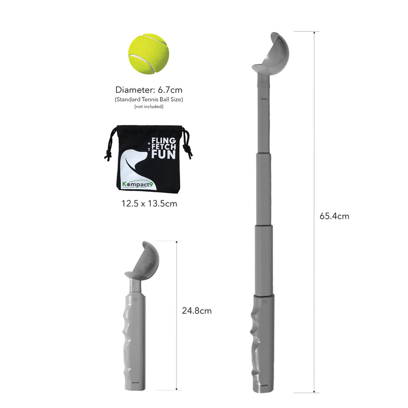 Kompact9 - Retractable, Pocket Sized Dog Ball Thrower, Made From Recycled Plastic, UK Designed and Manufactured, Fits a Standard Tennis Ball (Black) Black - PawsPlanet Australia