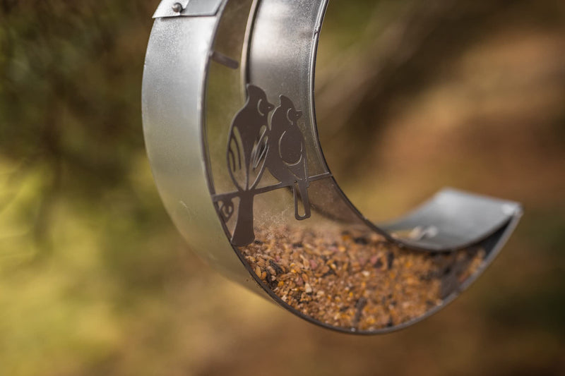 Garden Mile Silver Half Moon Hanging Bird Seed Nut Feeders Mounted Outdoor Garden Feeding Station Wild Birds Food Treat Feeder Weatherproof Metal Novelty Feeder - PawsPlanet Australia