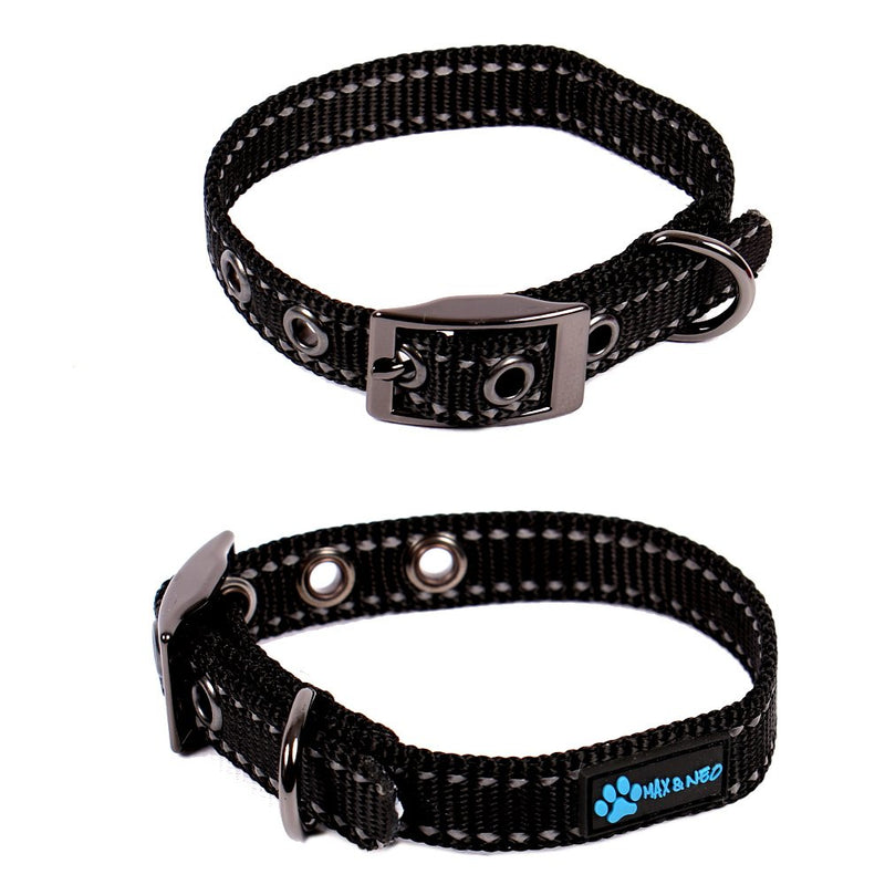 Max and Neo MAX Reflective Metal Buckle Dog Collar - We Donate a Collar to a Dog Rescue for Every Collar Sold X-Small BLACK - PawsPlanet Australia