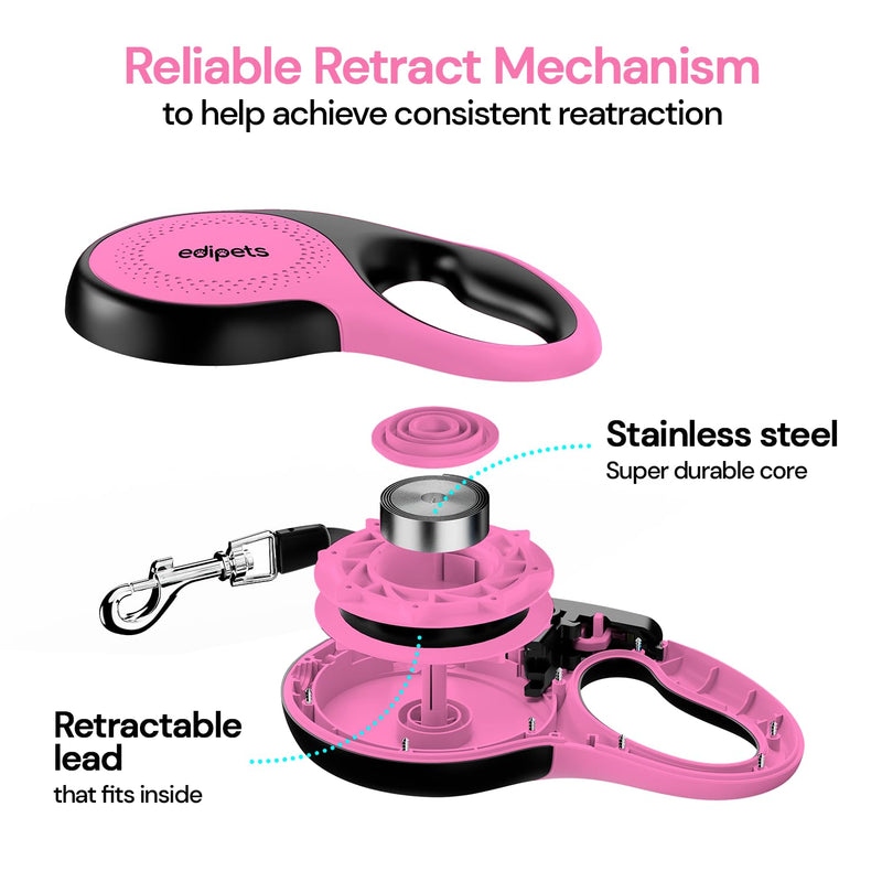 Edipets Extendable and Retractable Dog Lead 5m 8m Flexible for Training and Walking for Small, Medium and Large Dogs (Pink, 8 Meters) - PawsPlanet Australia