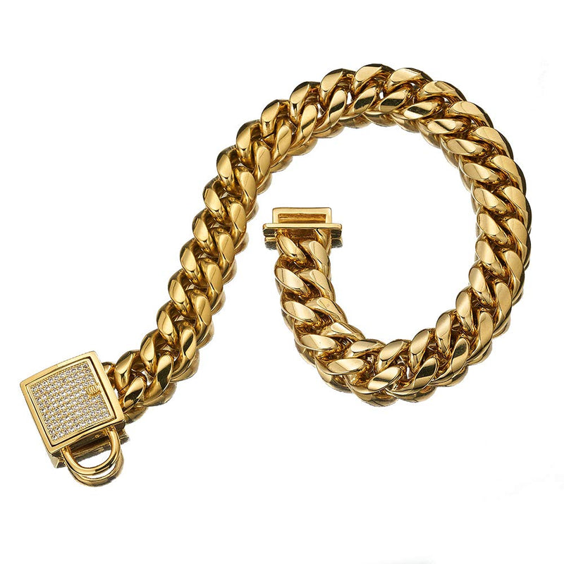 [Australia] - Granny Chic Top Cubic Zirconia Lock Stainless Steel 18K Gold Plated Curb Cuban Chain Dog Training Walking Choke Collar 26 inches(for 23.6"~25.5"Neck) 
