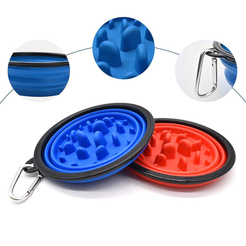 Liwein Collapsible Dog Bowl,2 Slow Feeder Dog Bowl Large Silicone Portable Pet Cat Travel Food Water Bowl with Carabiner Clips for Outdoor Camping Hiking (Blue+Red) - PawsPlanet Australia