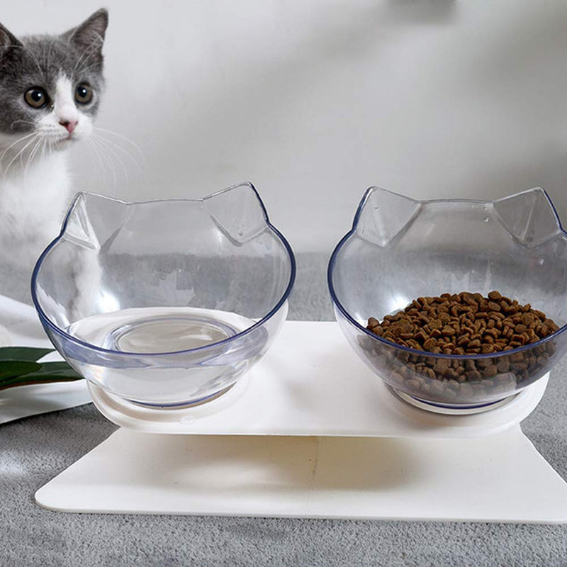 ZoneYan Cat Bowl with Raised Stand, Tilted Cat Bowl Twin, Transparent Double Bowl Pet Feeder, Pet Neck Bowl Transparent, 15°Tilted Platform Cat Feeder, Protect Cervical Vertebra, for Cats Dogs - PawsPlanet Australia