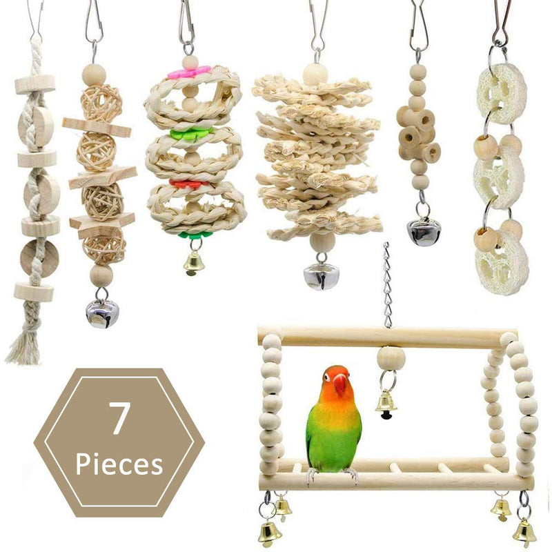 zfdg Parrot Swing Chewing, 7 Pieces Bird Cage Swing Chewing, Birds Wooden Ladder Toy, Parrot Wood Hanging Bell, Bird Swing Toys, for Parrots, Cockatiels, Finches, Macaws Swing Chew Toy - PawsPlanet Australia