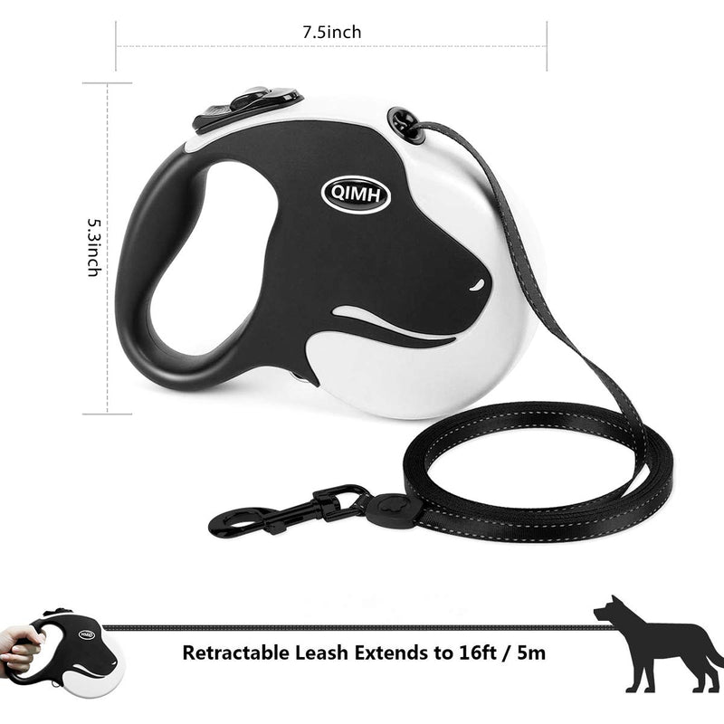 [Australia] - QiMH Retractable Dog Leash, 360° Tangle-Free Heavy Duty 16ft Reflective Walking Dog Leash Ribbon with Anti-Slip Handle for Medium and Large Dogs Up to 110lbs, One-Handed Brake, Pause and Lock Black & White 