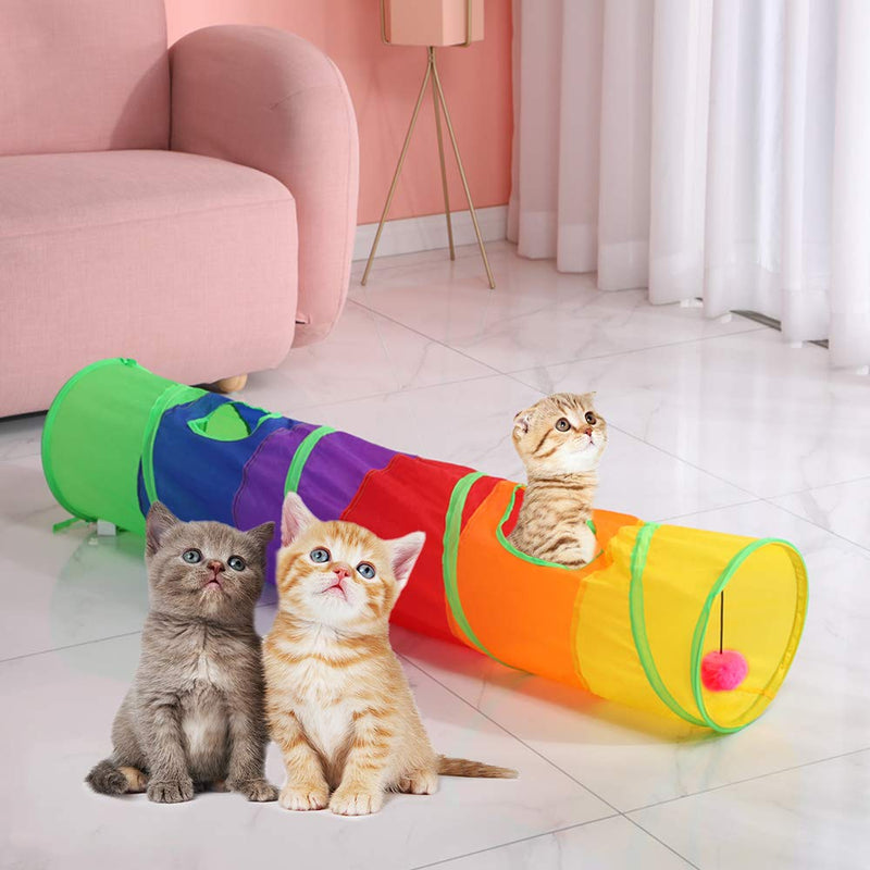 Hwtcjx Pet Tube Tunnel, 1 Pc Cat Tunnel, Cat Tunnel Toys, Cat Tunnel with Play Ball, Rabbit Tunnels, Made of Polyester, with 2 Peek Hole, Collapsible for Kittens, Rabbits (Rainbow Color, D25 x 120cm) - PawsPlanet Australia