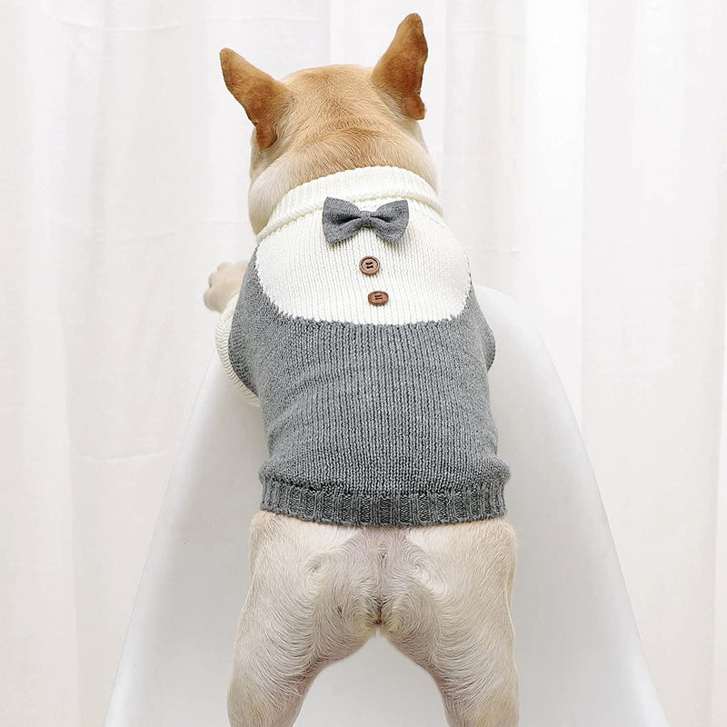 Dog Sweater with Bow Tie Dog Turtleneck Sweaters Knitted Pet Sweater Soft Warm Vest Knitwear Dog Clothes Suit for Fall Winter Cold Weather Small Grey - PawsPlanet Australia