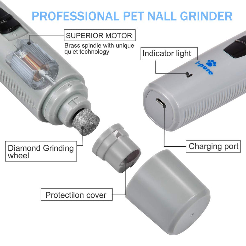 [Australia] - I-pure items Dog Nail Grinder, Electric Dog Nail Trimmer Clipper, 2 Speed Pet Nail Grinder for Dogs Grooming Kit, Rechargeable Painless Cat Paws File Grooming & Smoothing for Small Medium Large Dogs Grey 