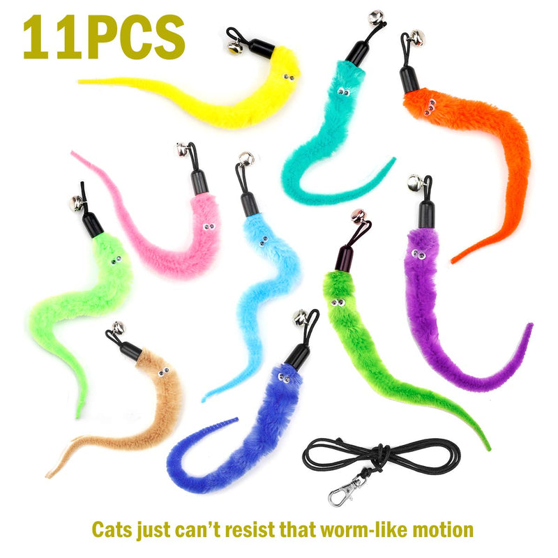 Cat Feather Toys Attachment Replacements, 10PCS Squiggly Worm Toy Refills and 1PC Replacement Black String for Cat Wand Toy and Cat Chaser Toy, Assorted Teaser Refills with Bell for Indoor Cats Kitten - PawsPlanet Australia