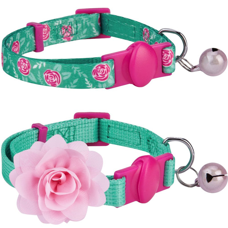 [Australia] - Blueberry Pet 3 Patterns The Power of All in One Breakaway Cat Collars, with Personalization Options Regular - 9"-13" Neck Pack of 2 - Relaxing Jungle Green 