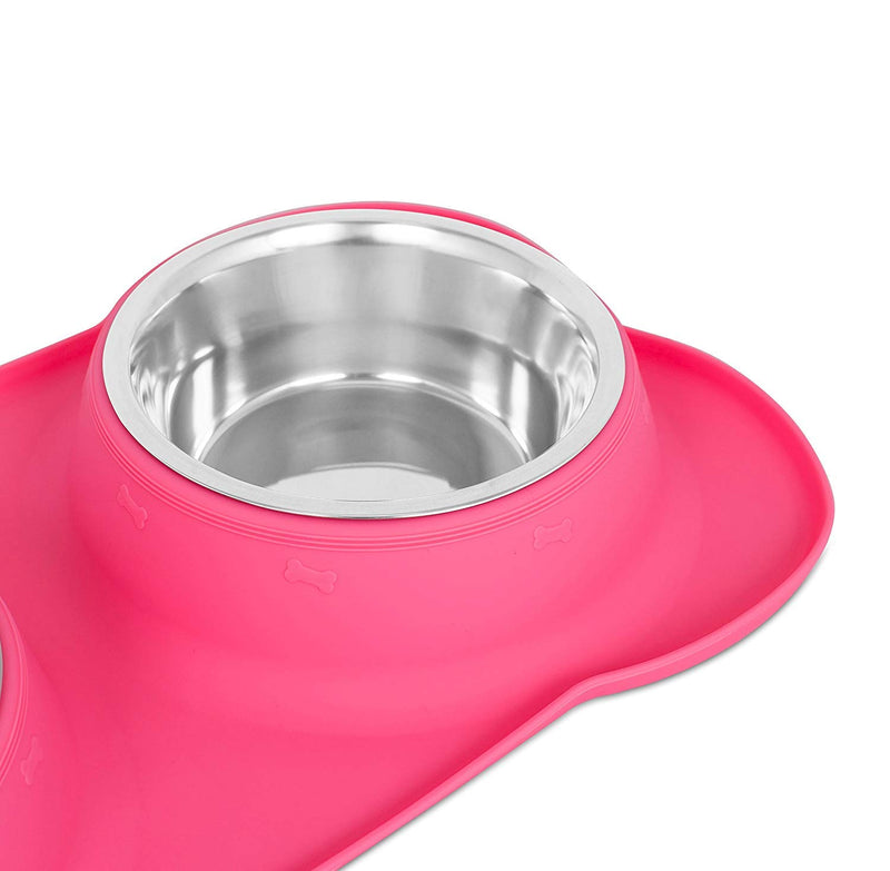 [Australia] - Internet's Best Bone Dog Bowl Set - Double Stainless Steel Pet Food Water Bowls - No Spill Silicone Stand Large Pink 