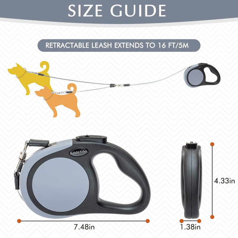 Dual Retractable Dog Leash - Walk 2 Dogs up to 110 lbs - Heavy Duty Double Headed 16 ft Extendable Dog Leash for Small Medium Dogs Walking Training Grey - PawsPlanet Australia