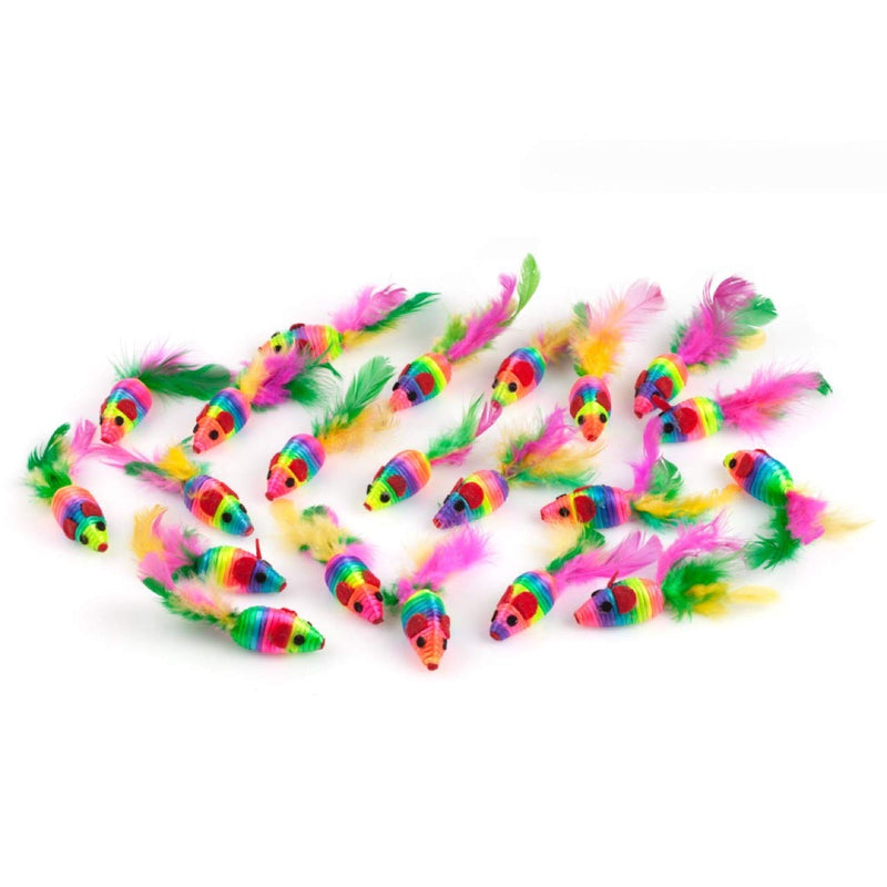 [Australia] - Chiwava 24PCS 5" Rattle Cat Toys Mice with Feather Rainbow Rope Mouse Kitten Interactive Toy Assorted Color 