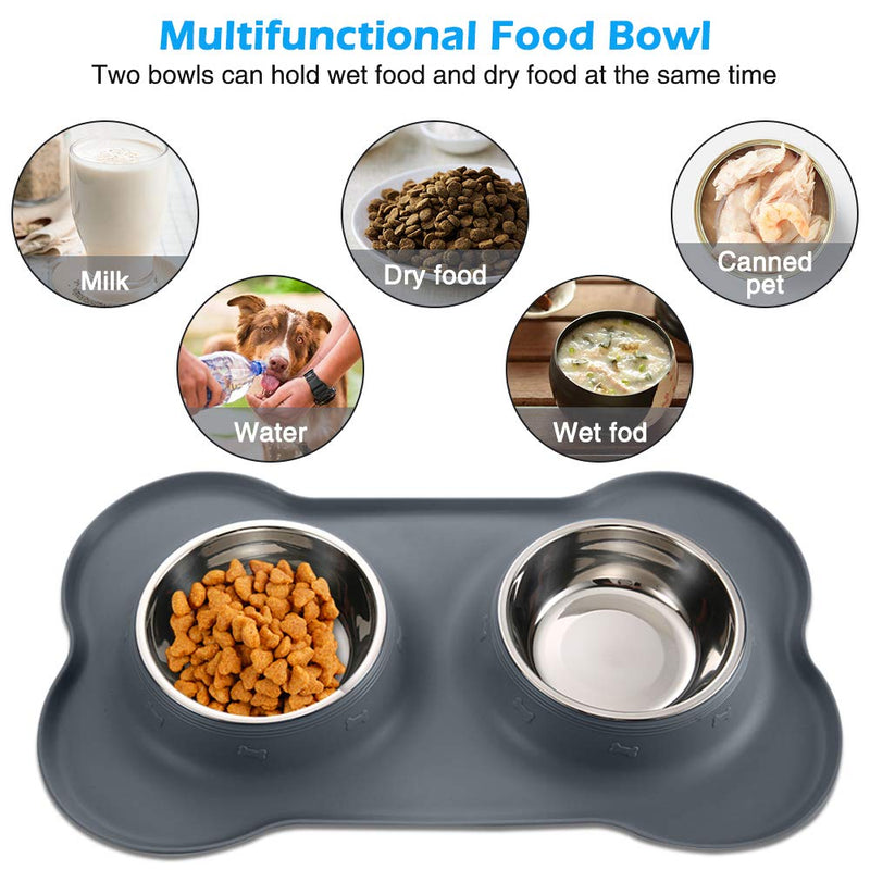 Plartree 2 x 850ML Dog Bowls, Stainless Steel Double Bowls Set with Pet Food Mat,18 * 11in Silicone Non Slip Dog Feeding Bowls for Dog Cat Bowl Water Food Feeding Mat(Grey) - PawsPlanet Australia