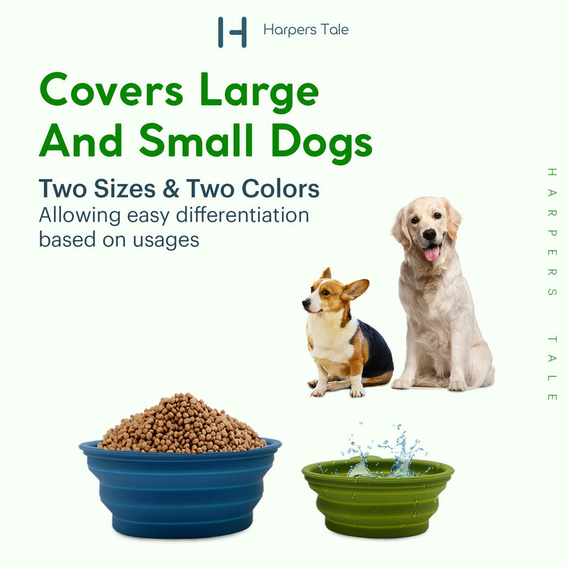Harpers Tale Two pack Collapsible Travel Dog Bowl -1000ml Blue and 400ml Green with Carabiner Clip Integrated Molding Food Safe Silicone Lightweight Leak-Proof No Plastic Rim - PawsPlanet Australia