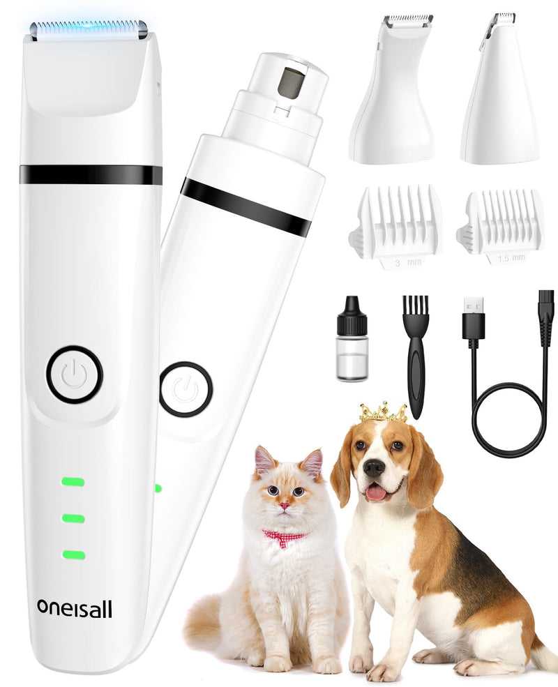 oneisall Quiet Clipper Dog Cat 4 in 1 Complete Set, Rechargeable Dog Clipper & Paw Trimmer & Claw Grinder with 4 Multifunctional Cutting Heads for Whole Body White - PawsPlanet Australia