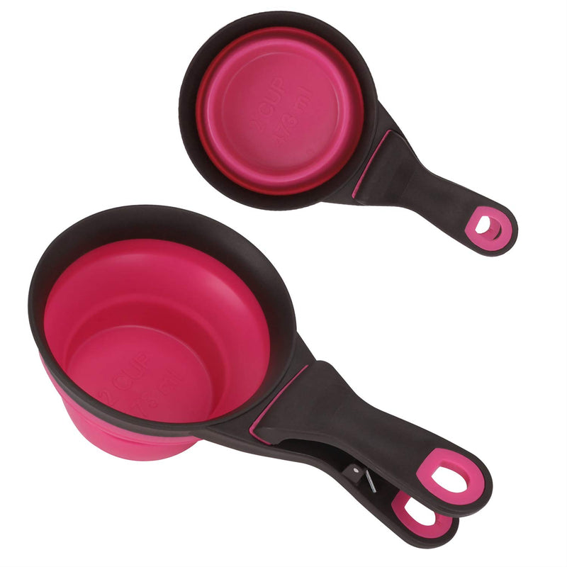 [Australia] - Multi-Function Collapsible Pet Scoop for Dog Cat Food Water Bowls Foldable Bag Clip for Pets Collapsible Measuring Cups and Measuring Spoons - Portable Food Grade Silicone for Liquid and Dry Measuring Pink 