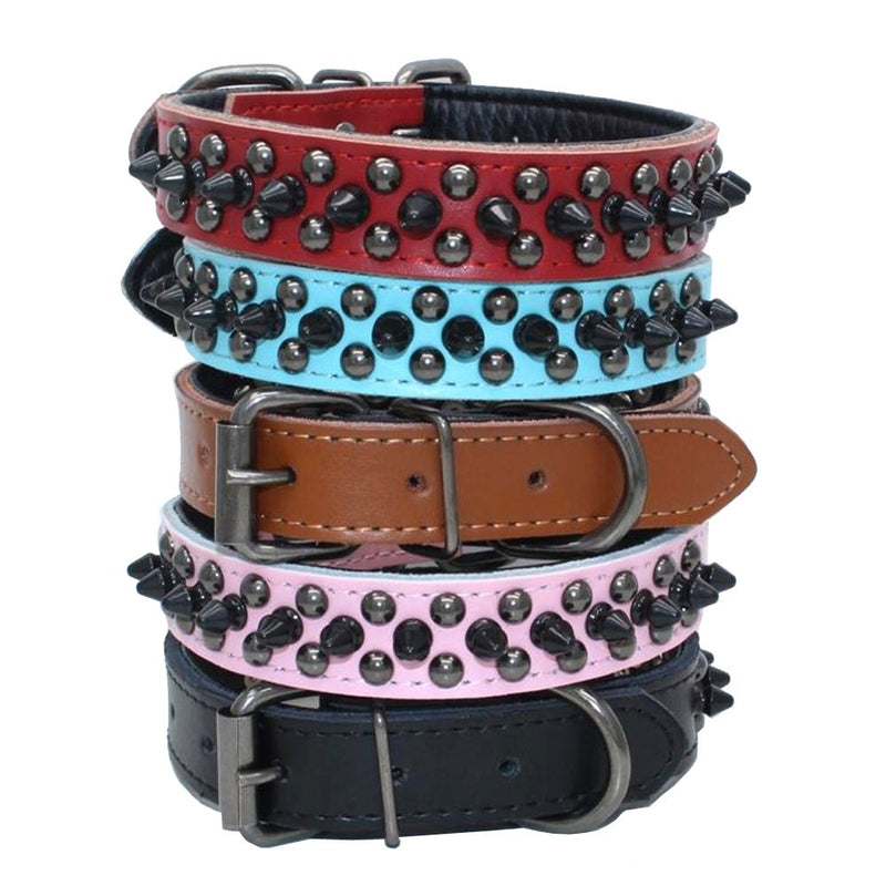 [Australia] - Dogs Kingdom 14.5"-20" Soft Genuine Leather Padded Black Mushrooms Spiked Rivet Studded Adjustable Pet Collar for Puppy Small Medium Dogs L Brown 