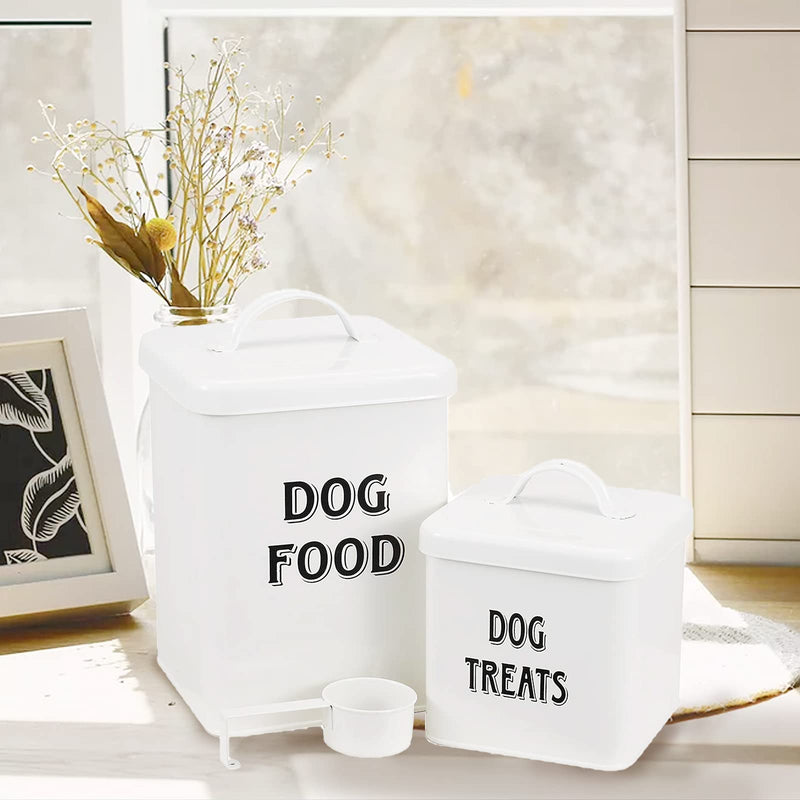 Pethiy Dog Food and Treats Containers Set with Scoop for Dogs-Vintage White Powder-Coated Carbon Steel - Tight Fitting Lids - Storage Canister Tins Small-White - PawsPlanet Australia