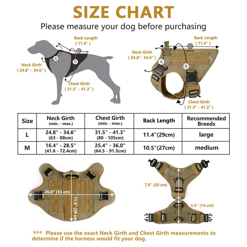 [Australia] - rabbitgoo Tactical Dog Harness and Bungee Dog Leash Set for Large Medium Dogs, MOLLE Vest for Service & Training Military Dogs Adjustable Training Hunting Dog Tactical Vest with Handles & Metal Buckle M: Neck (16.4-28.5"). Chest (25.4-36.0”) Tan 