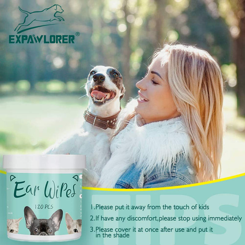 EXPAWLORER Dog Ear Wipes - 120 Count Otic Cleaner for Dogs Cats Puppy to Stop Itching, Soft Cleaning Wipes for Pet Daily Care - PawsPlanet Australia