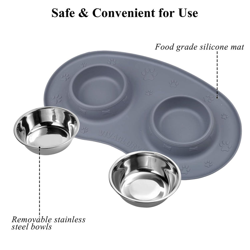 Vivaglory Dog Bowls Set with Double Stainless Steel Feeder Bowls and Wider Non Skid Spill Proof Silicone Mat for Cats Puppies Dogs 6½ oz ea. Grey - PawsPlanet Australia